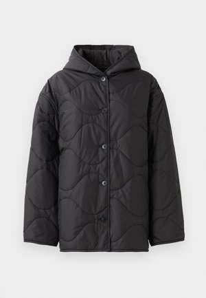 Black quilted puffer jacket with a hood and button closures, featuring wavy stitching patterns. Displayed against a plain background.