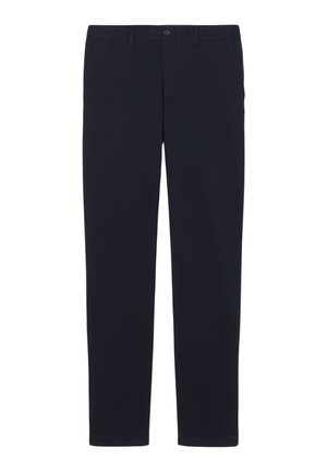 Pantalones rectos azul marino con trabillas para cinturón, cierre frontal con botón y cremallera, y bolsillos laterales.