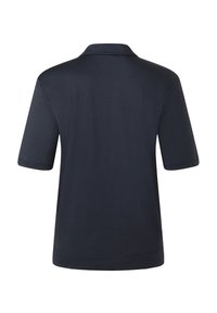 Mörkblå polo skjorta med korta ärmar och klassisk krage. Slätt bomullsmaterial, med rak fåll och inga utsmyckningar.