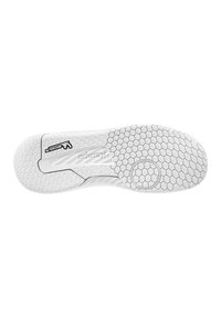 Suela de zapato atlético blanca con un patrón hexagonal texturizado, un diseño circular y una marca en el lateral.