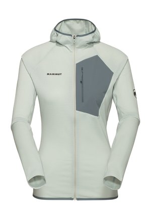 Lightweight, mint-green Mammut jacket with a fitted design, textured fabric, gray chest pocket, and adjustable hood. zips at front and cuffs.