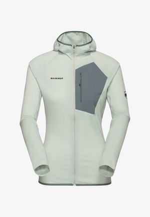 Letvægts mintgrøn Mammut-jakke med en tætsiddende pasform, struktureret stof, grå brystlomme og justerbar hætte. Lynlås foran og ved ærmerne.