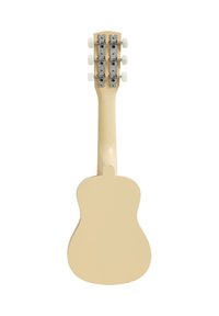 Light-colored wooden guitar with a smooth, rounded body shape, featuring a metallic tuning peg headstock with white knobs.