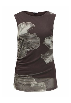 Haut marron sans manches avec de grands imprimés floraux beiges et un léger détail froncé sur un côté.