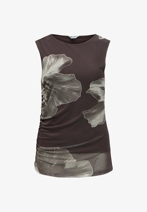 Haut marron sans manches avec de grands imprimés floraux beiges et un léger détail froncé sur un côté.