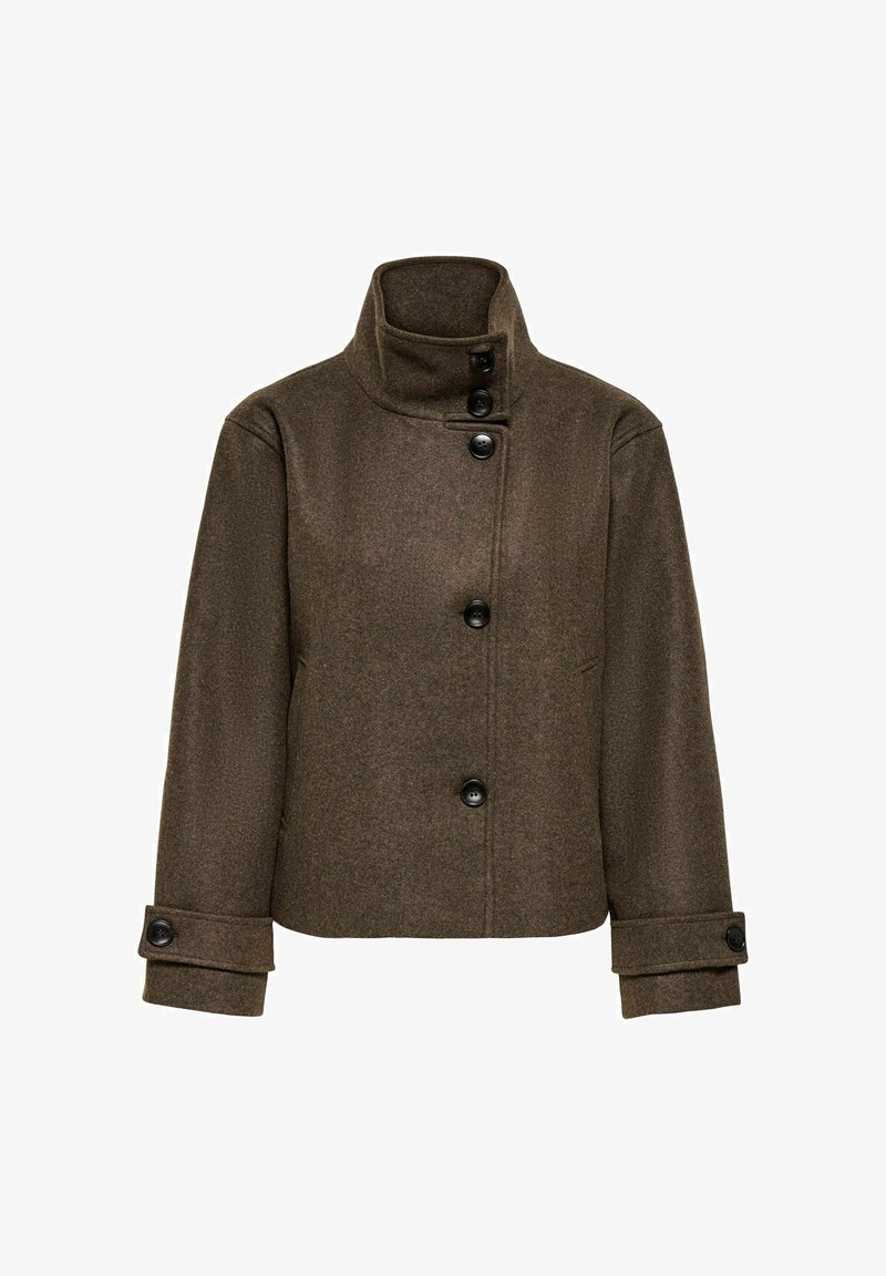 Manteau court en laine marron avec col haut, six boutons noirs sur le devant et poignets boutonnés aux manches longues.