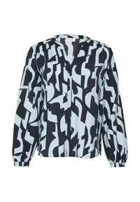 Blouse à manches longues en tissu léger, ornée d'un motif abstrait contrasté noir et bleu clair, avec un décolleté en V et des poignets froncés.