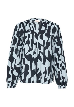 Blouse à manches longues en tissu léger, ornée d'un motif abstrait contrasté noir et bleu clair, avec un décolleté en V et des poignets froncés.