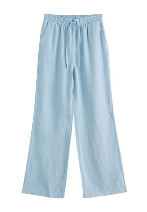 Jasnoniebieskie szerokie spodnie z elastycznym pasem i sznurkiem, posiadające boczne kieszenie, wykonane z lekkiego materiału.