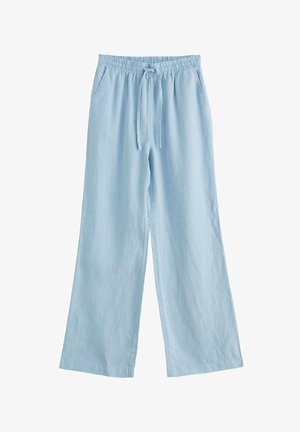 Jasnoniebieskie szerokie spodnie z elastycznym pasem i sznurkiem, posiadające boczne kieszenie, wykonane z lekkiego materiału.