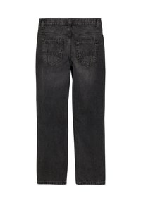 Schwarze Jeans aus Denim mit geradem Schnitt, fünf Taschen und doppelt genähten Nähten. Ausgestattet mit einem strukturierten Stoff und einer leicht abgetragenen Optik.
