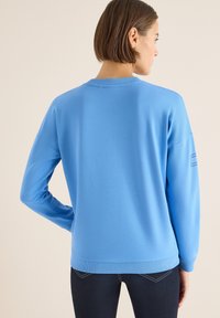 Jasnoniebieska bluza z okrągłym dekoltem, długimi rękawami i ściągaczami przy mankietach. Na rękawie znajduje się subtelny, poziomy pasek.