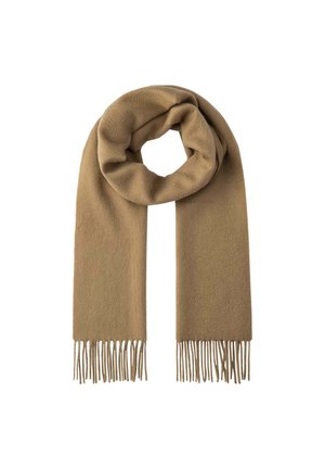 Écharpe en laine beige au toucher doux, dotée d'un design simple et de bords frangés. L'écharpe est enroulée de manière circulaire.