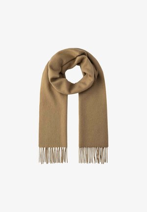 Sciarpa di lana color beige con una consistenza morbida, caratterizzata da un design semplice e bordi frangiati. La sciarpa è annodata in modo circolare.