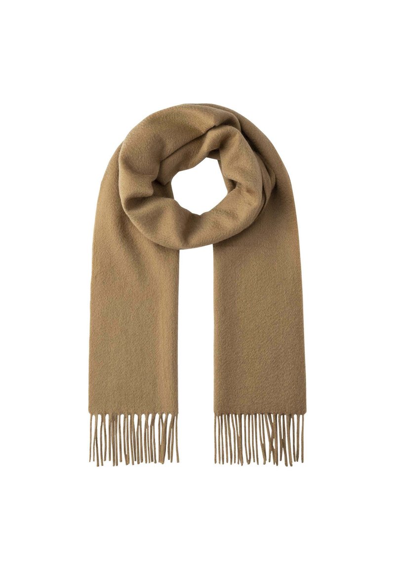 Sciarpa di lana color beige con una consistenza morbida, caratterizzata da un design semplice e bordi frangiati. La sciarpa è annodata in modo circolare.