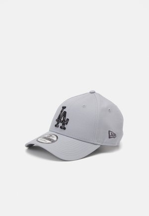 Gray baseball cap made of fabric with a solid color, featuring a black embroidered "LA" logo, curved visor, and small side logo detail.