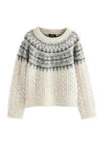 Strickpullover in Creme mit einem strukturierten Kabelmuster und grauem Muster in der Yoke-Region, mit Rundhalsausschnitt und langen Ärmeln.