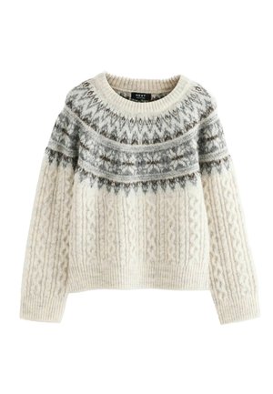 Strickpullover in Creme mit einem strukturierten Kabelmuster und grauem Muster in der Yoke-Region, mit Rundhalsausschnitt und langen Ärmeln.