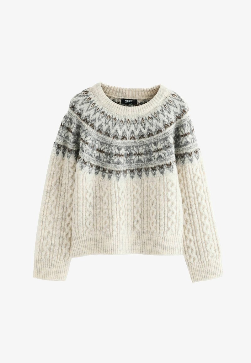 Maglione a maglia color crema con un design a cavo testurizzato e una spalla grigia decorata, caratterizzato da un colletto rotondo e maniche lunghe.