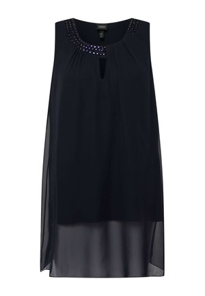 Tunic nera senza maniche con scollatura decorata di perline e dettaglio a occhiello, caratterizzata da uno strato trasparente nella parte inferiore per un tocco di texture in più.