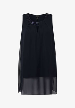 Mouwloze zwarte tuniek met een geborduurde halslijn en keyhole-detail, met een doorschijnende laag aan de onderkant voor extra textuur.