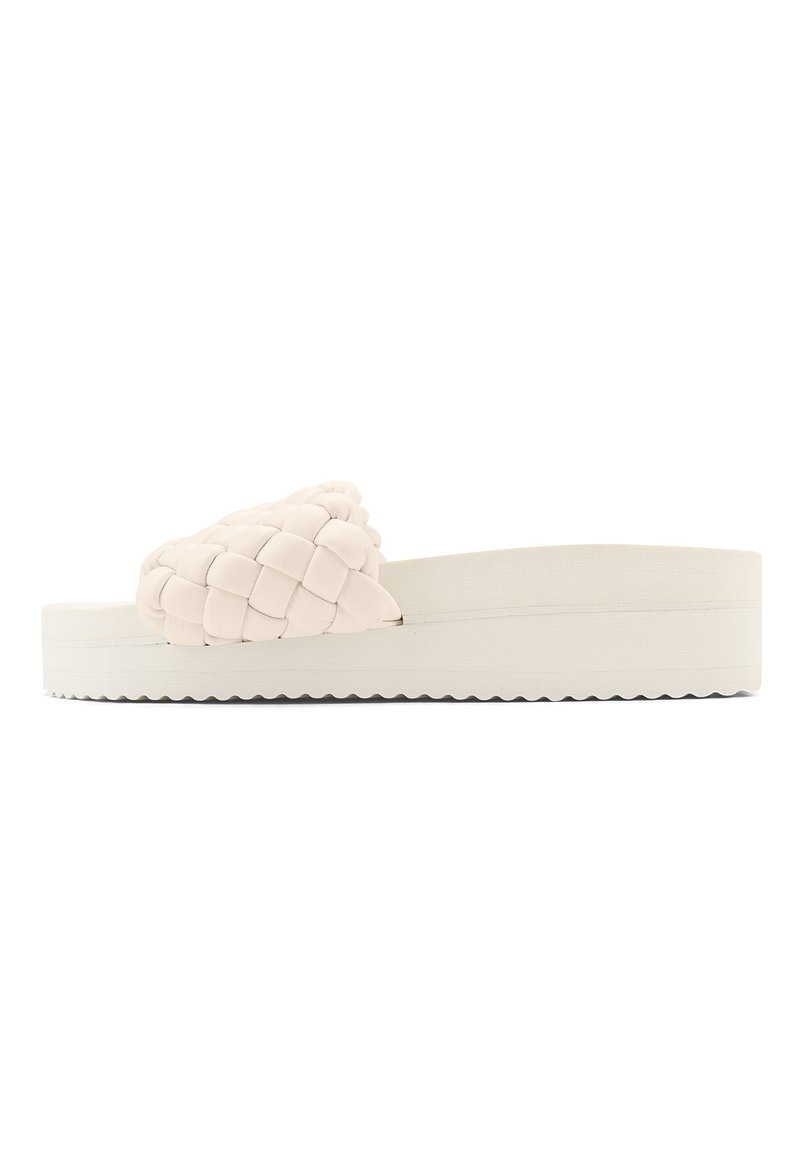 Woven beige slide sandal with a thick white sole, featuring a braided strap and textured surface for grip.
