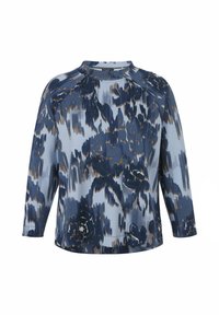 Marineblauwe sweatshirt met bloemmotief in lichtere blauwe tinten en gouden accenten. Voorzien van een ronde halslijn en driekwartmouwen.