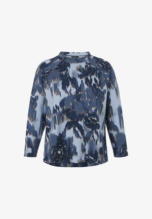 Sweat-shirt bleu marine avec motif floral en bleu plus clair et accents dorés. Dispose d'un col rond et de manches trois quarts.