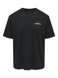 Zwarte katoenen t-shirt met een ronde hals, korte mouwen en kleine geborduurde tekst in lichtbruin op de linkerkant van de borst.