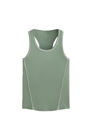 Minttivihreä urheilutoppi, jossa on pyöreä kaula-aukko, kapeaa valkoista kanttia reunoja pitkin ja urheilullinen selkämuotoilu. Silkkinen kangastuntuma.