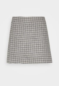 Geflochtener Hahnentritt-Rock in Creme und Marineblau, A-Linie, glatte Textur, gerader Bund, knielang, minimalistisches Design.