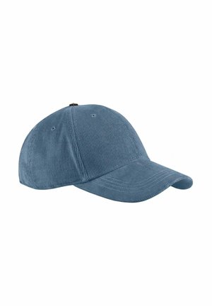 Blue corduroy baseball cap with six panels and a curved brim on a white background.