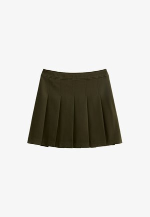Króka spódnica plisowana w ciemnooliwkowym kolorze, z płaskim pasem i wieloma pionowymi plisami, które dodają faktury i ruchu.