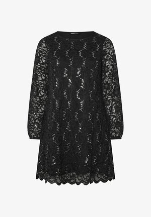 Schwarzes Spitzenkleid mit langen Ärmeln, das einen gewellten Saum und in das Spitzenmuster integrierte Pailletten für Textur und Glanz aufweist.