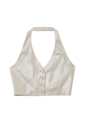 Metallics Halterneck-Crop-Top in einem hellen Silberton, mit einem taillierten Design und fünf Frontknöpfen. Glatte Textur mit strukturiertem Schnitt.