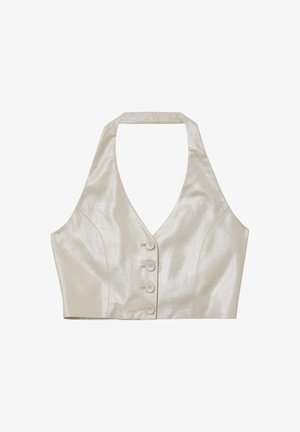 Top court métallisé à col halter dans une teinte argentée claire, présentant un design ajusté et cinq boutons à l'avant. Texture lisse avec une forme structurée.