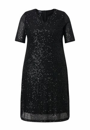 Zwarte jurk tot op de knie met korte mouwen, een kleine V-hals, bedekt met verspreide glinsterende zwarte pailletten, textuurrijke stof.