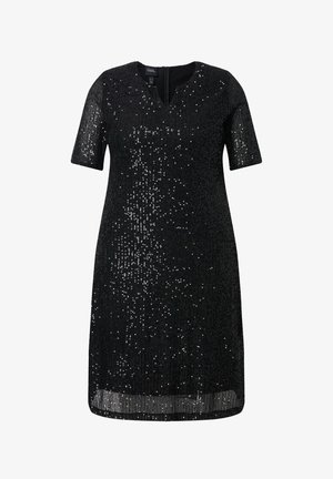 Schwarzes knielanges Kleid mit kurzen Ärmeln, kleinem V-Ausschnitt, bedeckt mit verstreuten glänzenden schwarzen Pailletten, strukturierter Stoff.