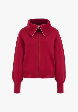 Rode gebreide zip-up trui met een grote ribgebreide kraag, ribgebreide manchetten en tailleband. Heeft een naadloos ontwerp en een ritsclosure aan de voorkant.