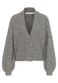 Grau gestrickte Wollmischungskarte mit V-Ausschnitt, Knopfverschluss und weiten, gepufften Ärmeln. Strukturierter Stoff mit gerippten Details an den Bündchen und dem Saum.