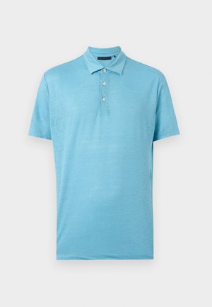 Světlomodrá polo košile s krátkými rukávy, límečkem a třemi bílými knoflíky vpředu.
