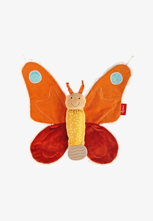 Weiches, gestopftes Schmetterling mit orangefarbenen und roten Flügeln, einem gelben Körper und strukturierten Akzenten. Hat ein lächelndes Gesicht und blaue kreisförmige Details.