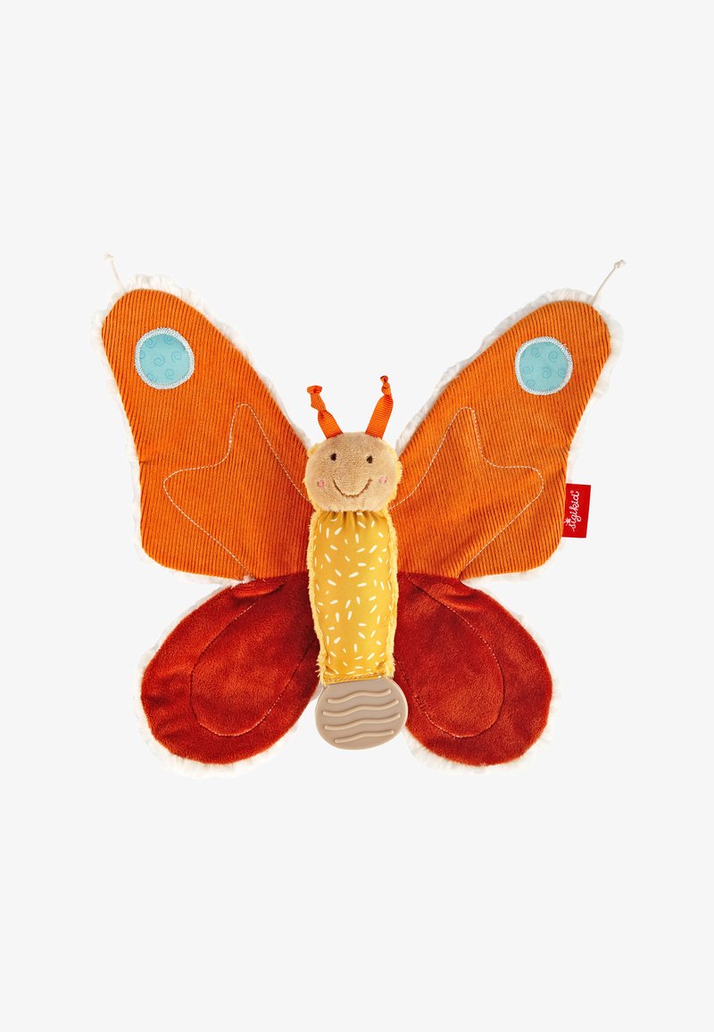 Soft stuffed butterfly with orange and red wings, a yellow body, and textured accents. Features a smiling face and blue circular details.