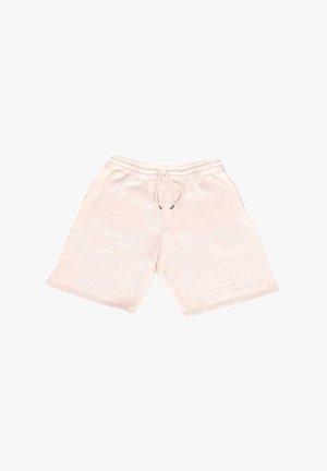 Light beige cotton shorts feature an elastic waistband with drawstring, side pockets, and stitched logo detail on the front.