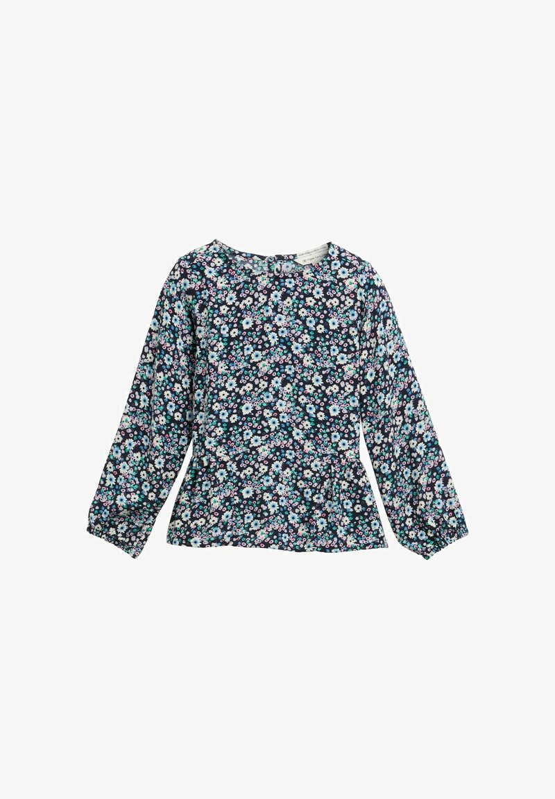 Bluse mit langen Ärmeln im floralen Muster auf navy blauem Hintergrund, mit kleinen rosa und hellblauen Blumen, rundem Ausschnitt und gerafftem Taillenteil.
