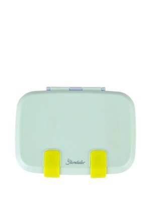Rectangular pastel green lunchbox with two yellow clasps on the front and the brand name "Sterntaler" centered below the clasps.