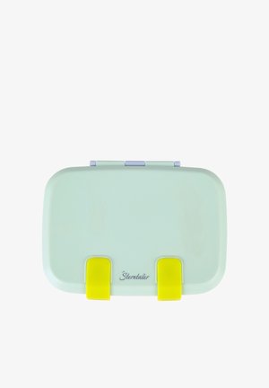 Rectangular pastel green lunchbox with two yellow clasps on the front and the brand name "Sterntaler" centered below the clasps.