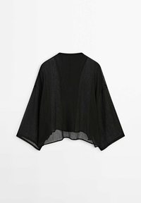 Cardigan léger noir transparent à ouverture frontale, manches larges et coupe décontractée, vu de dos sur fond blanc.