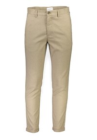 Chino beige a motivo con una vestibilità slim, dotati di chiusura con bottone, passanti per cintura e orli arrotolati. Realizzati in morbido tessuto testurizzato.