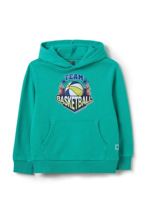 Türkiser Hoodie mit einer vorderen Kängurutasche, versehen mit einem "Team Basketball" Grafik und Flammenakzenten in Blau, Gelb und Schwarz.
